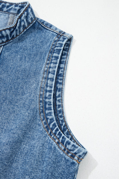 Western Denim Belted Button Down Sleeveless Dress