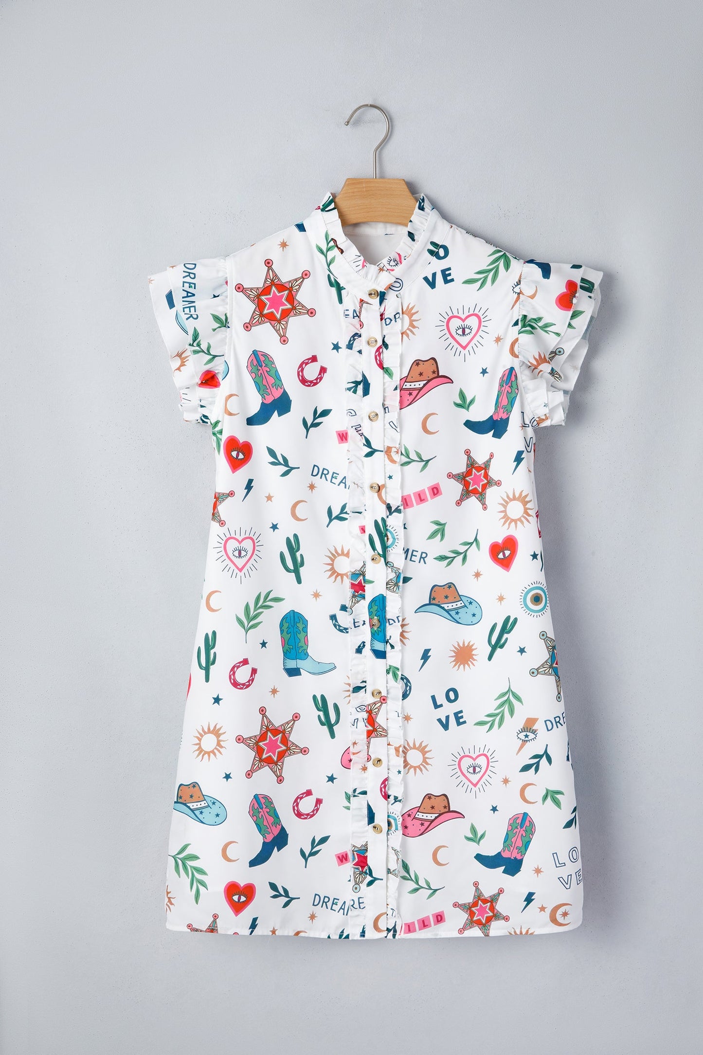 Western Flutter Sleeve Button-Down Mini Dress