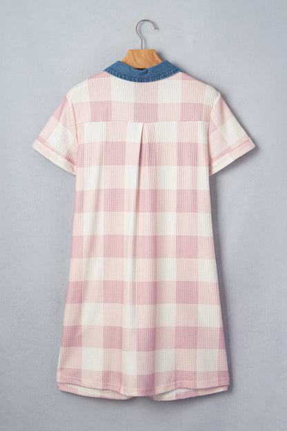 Plaid Contrast Denim Collared T-Shirt Mini Dress