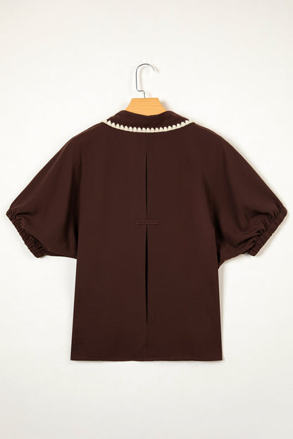 Contrast Trim Button V-Neck Short Sleeve Blouse