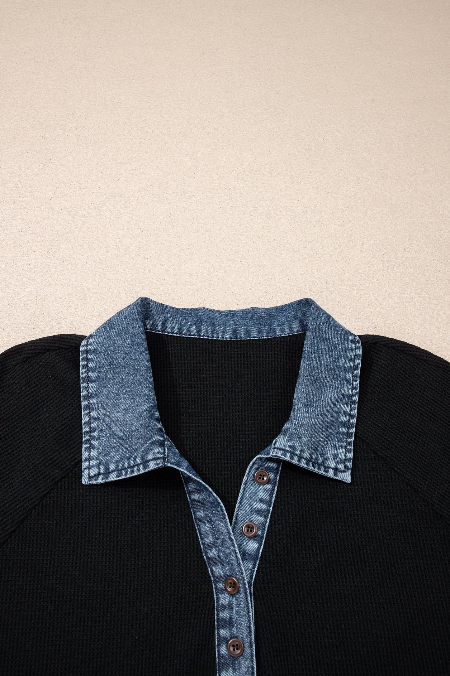 Plus Size Denim Patchwork Waffle Knit Polo Tee