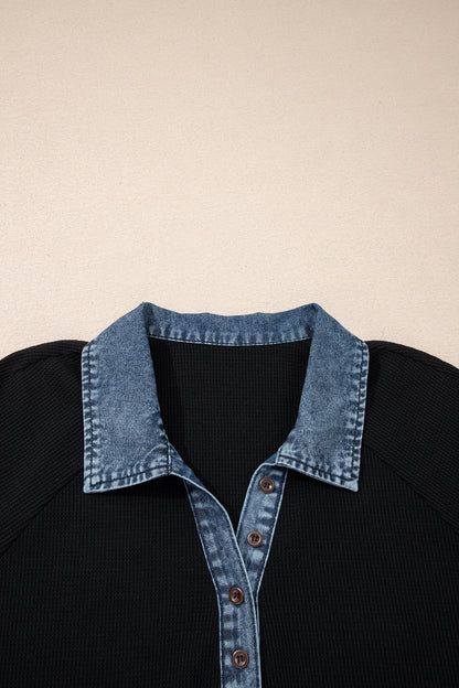 Plus Size Denim Patchwork Waffle Knit Polo Tee