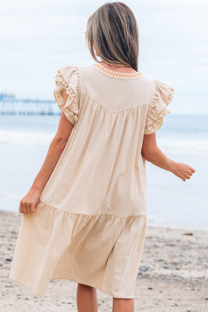 Floral Embroidered Pom Pom Ruffle Sleeve Dress