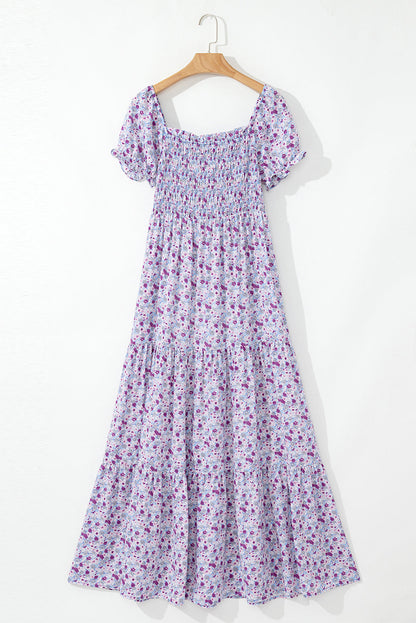 Floral Bubble Sleeve Shirred Waist Maxi Dress