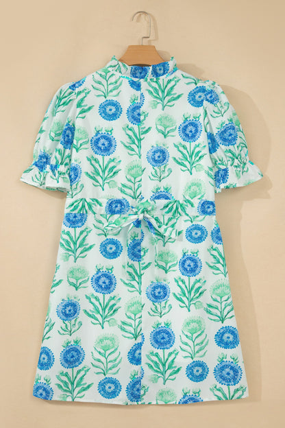 Floral Half Button Frilly Short Sleeve Dress