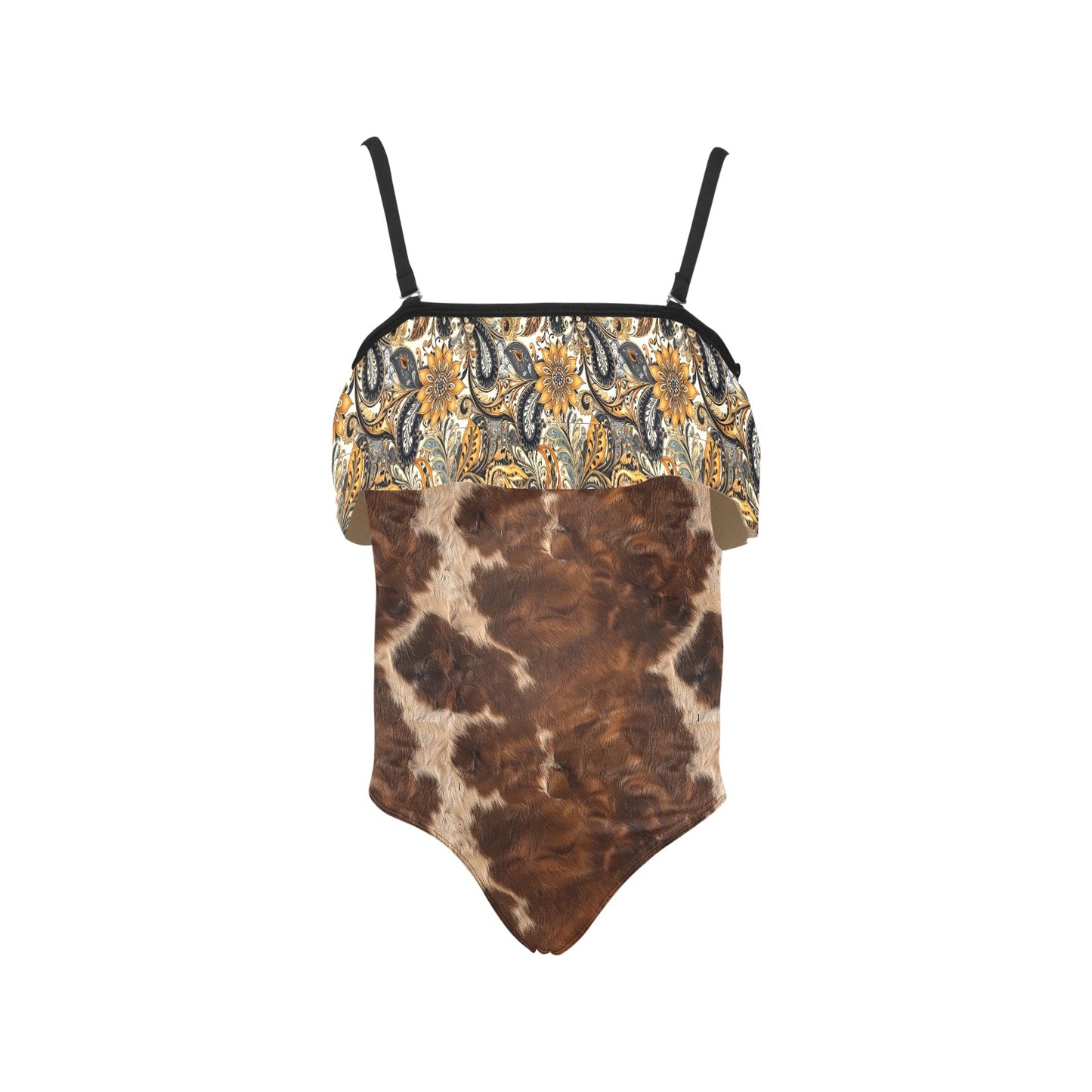 Paisley Cow Hide Kids' Spaghetti Strap Ruffle Swimsuit