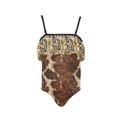 Paisley Cow Hide Kids' Spaghetti Strap Ruffle Swimsuit