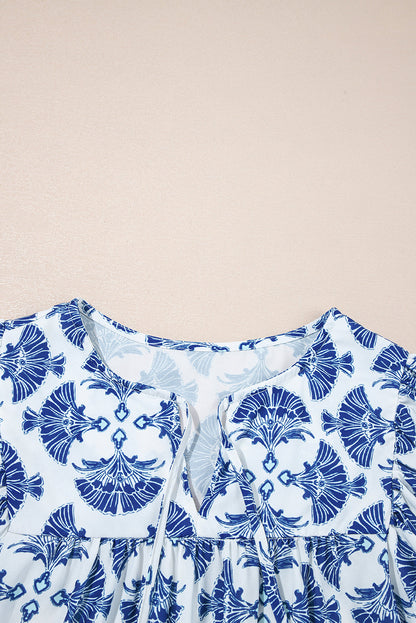 Geometric Tassel Tie V-Neck Short Sleeve Blouse