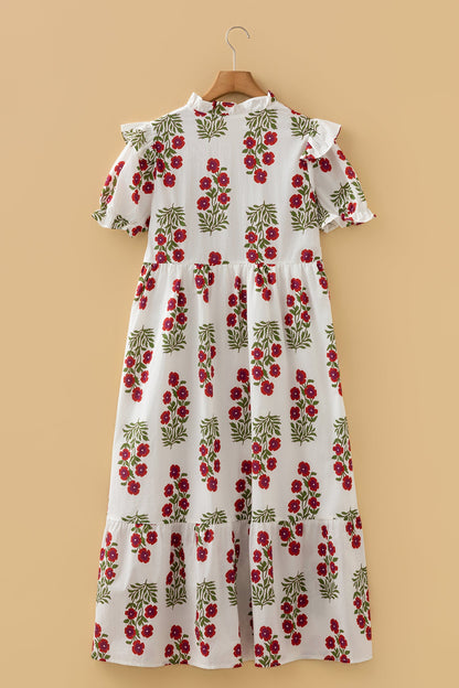 Floral V-Neck 3/4 Puff Sleeve Mini Dress