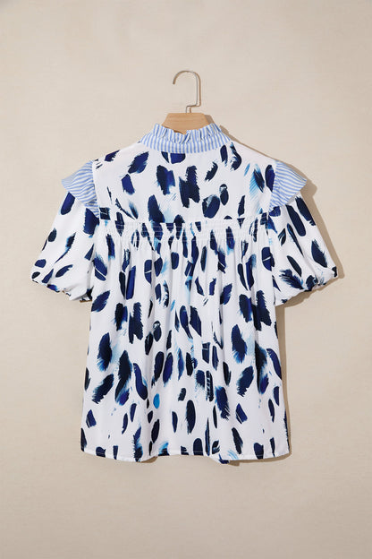 Abstract Leopard Stripe Ruffle Trim V-Neck Blouse