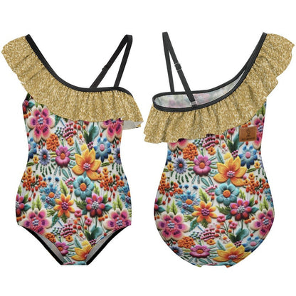 Floral Embroidery and Glitter Print (not actual glitter, glitter print) Design Flounce One-Piece Swimsuit for Girls