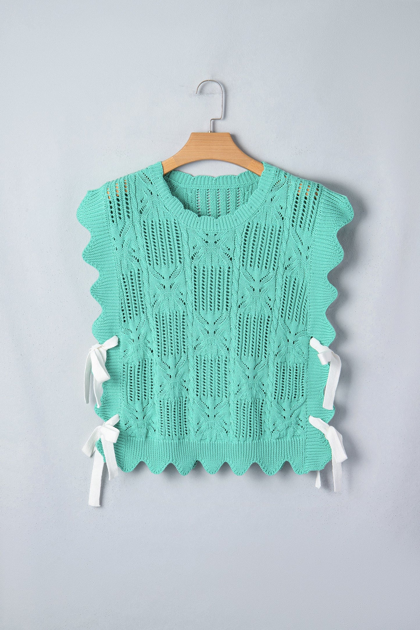 Pointelle Knit Scallop Trim Short Sleeve Sweater