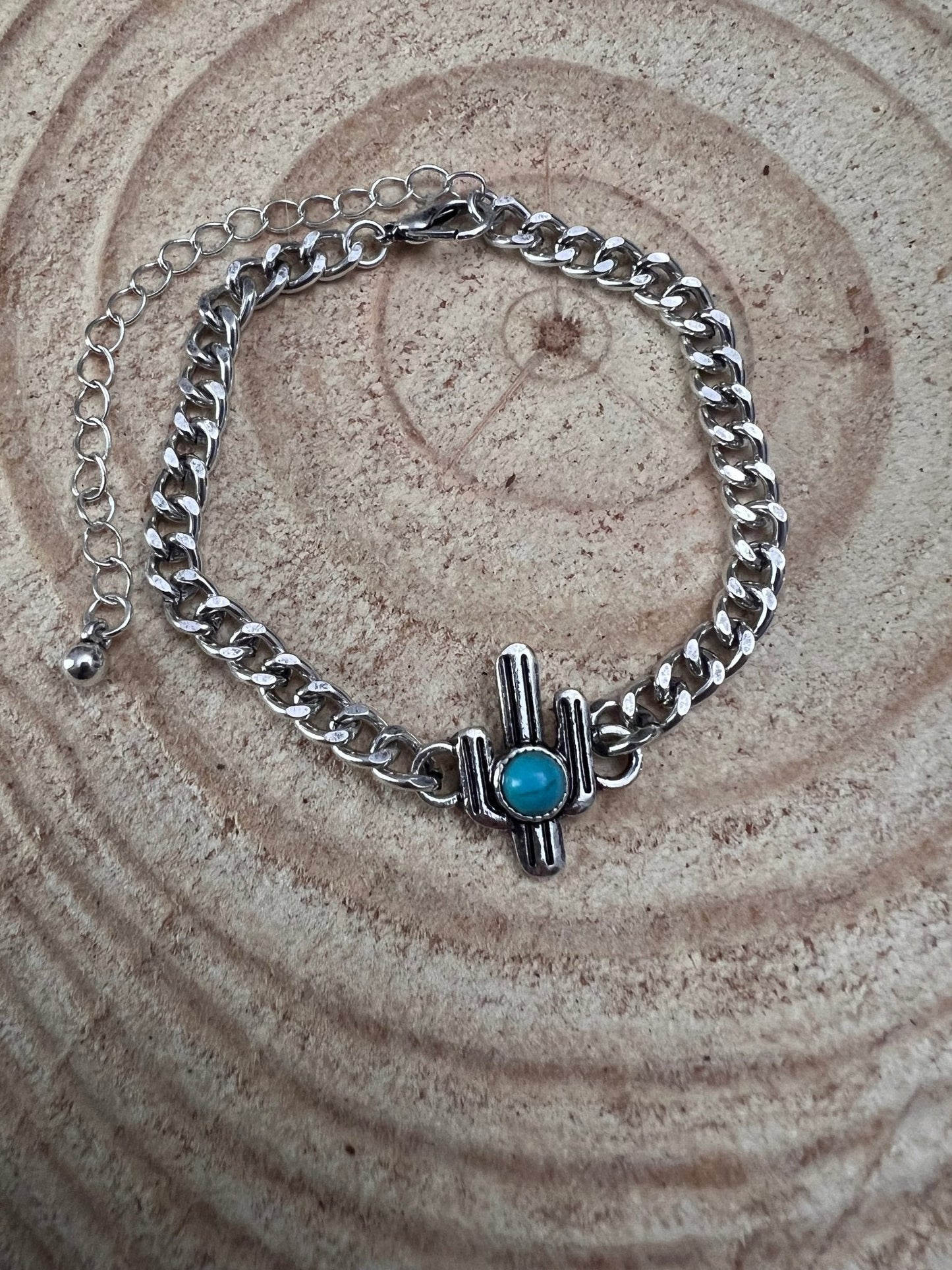 Western Cactus & Faux Turquoise Cuban Chain Bracelet