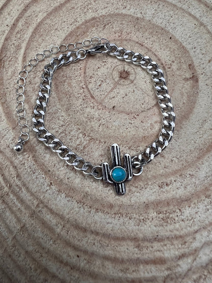 Western Cactus & Faux Turquoise Cuban Chain Bracelet