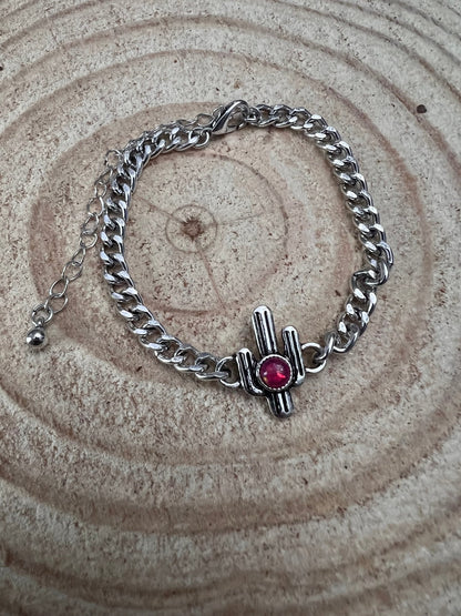 Western Cactus & Pink Stone Cuban Chain Bracelet