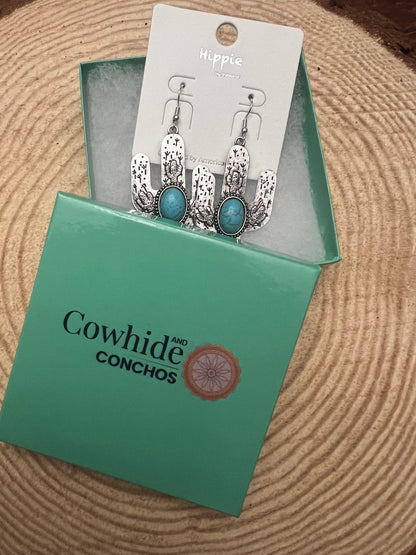 Western Cactus Dangle Earrings with Faux Turquoise — 2½" Drop