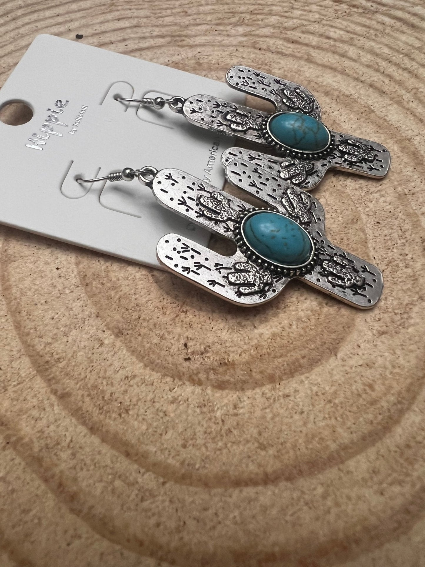 Western Cactus Dangle Earrings with Faux Turquoise — 2½" Drop