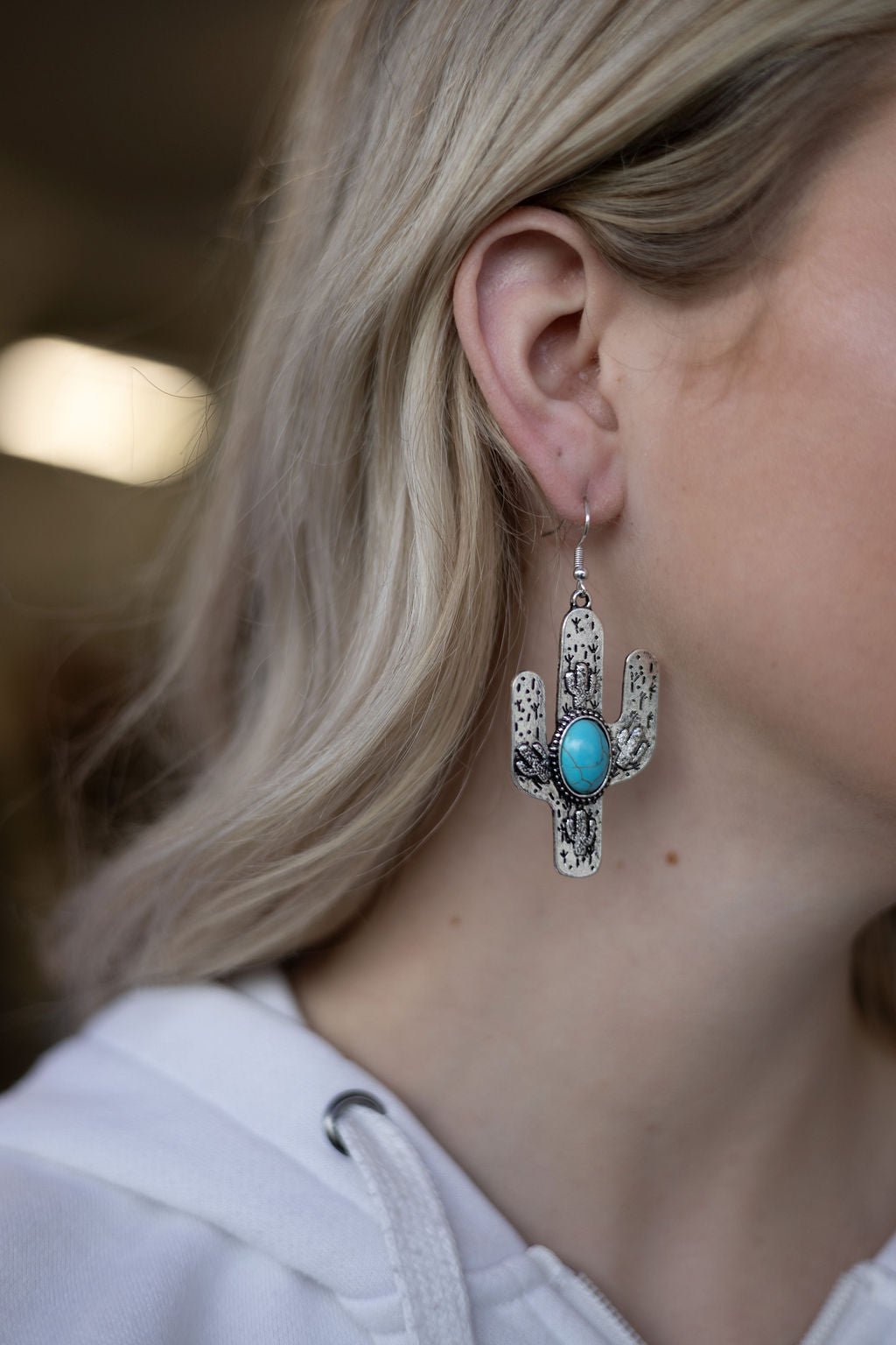 Western Cactus Dangle Earrings with Faux Turquoise — 2½" Drop