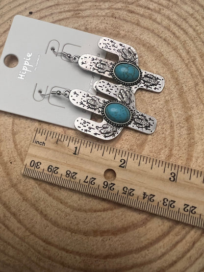 Western Cactus Dangle Earrings with Faux Turquoise — 2½" Drop