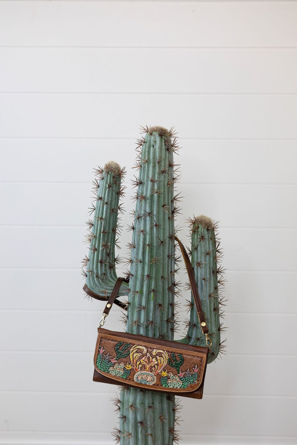 Western Cactus Fields Hand-Tooled Genuine Leather Bag/Wallet Hybrid — Vegetable Tanned American Leather