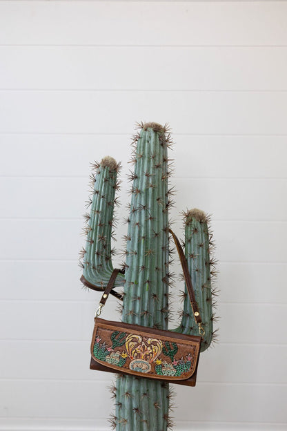 Western Cactus Fields Hand-Tooled Genuine Leather Bag/Wallet Hybrid — Vegetable Tanned American Leather