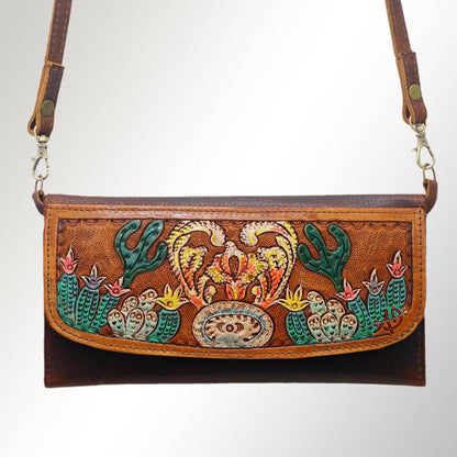 Western Cactus Fields Hand-Tooled Genuine Leather Bag/Wallet Hybrid — Vegetable Tanned American Leather