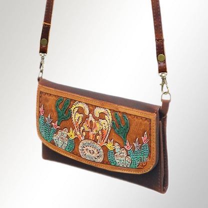 Western Cactus Fields Hand-Tooled Genuine Leather Bag/Wallet Hybrid — Vegetable Tanned American Leather