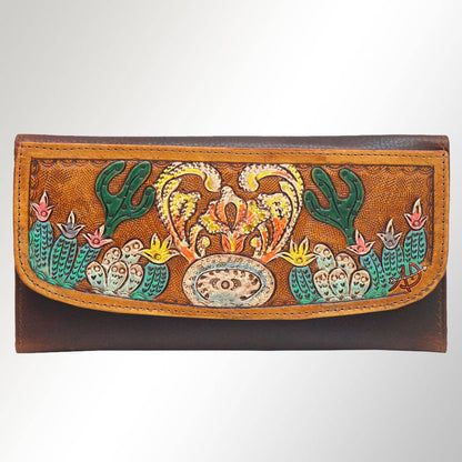 Western Cactus Fields Hand-Tooled Genuine Leather Bag/Wallet Hybrid — Vegetable Tanned American Leather