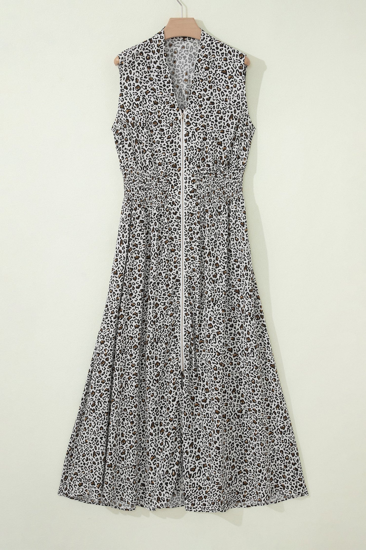 Leopard Zip Up V-Neck Cinched Waist Maxi Dress