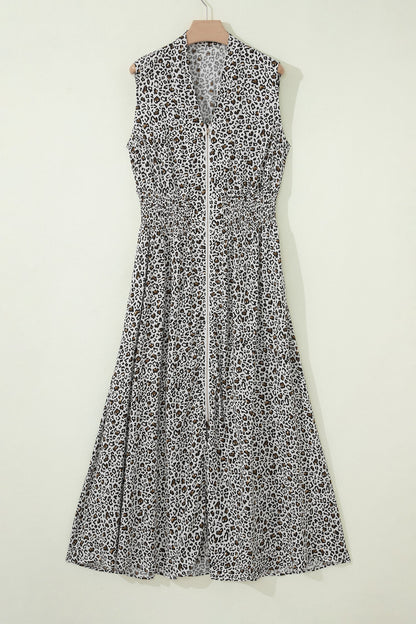 Leopard Zip Up V-Neck Cinched Waist Maxi Dress