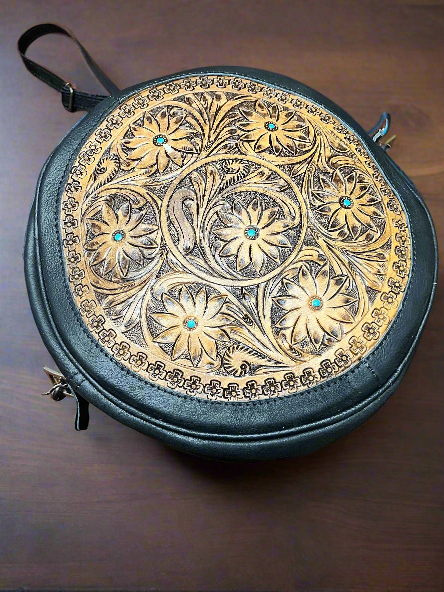 Western Canteen Crossbody Bag — Green Leather Tooled One Side + Hair-on-Hide Other Side (10.5")