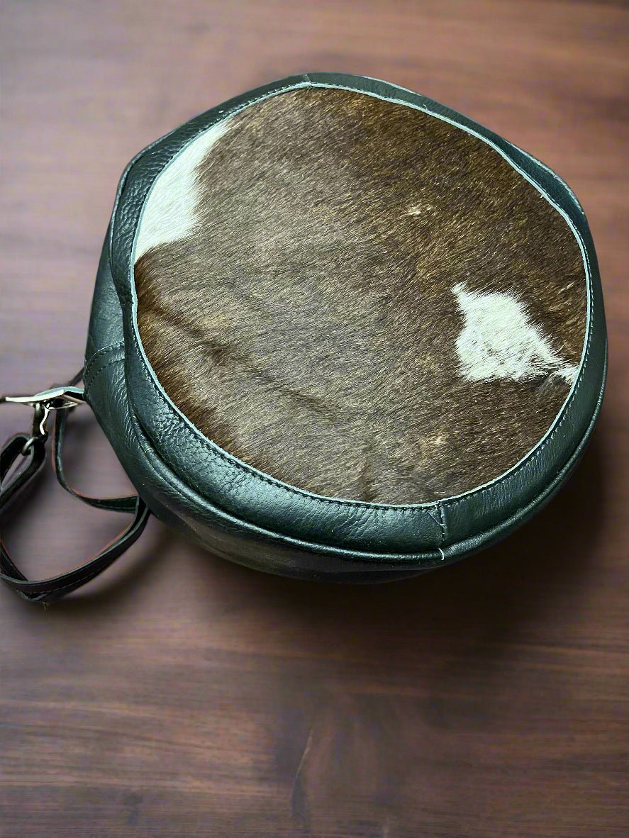 Western Canteen Crossbody Bag — Green Leather Tooled One Side + Hair-on-Hide Other Side (10.5")