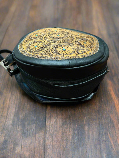 Western Canteen Crossbody Bag — Green Leather Tooled One Side + Hair-on-Hide Other Side (10.5")