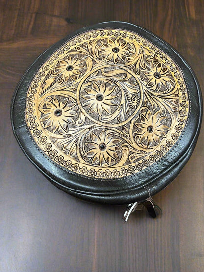 Western Canteen Crossbody Bag — Vintage Distressed Leather Tooled One Side + Hair-on-Hide Other Side (10.5")