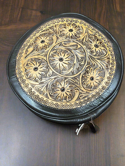 Western Canteen Crossbody Bag — Vintage Distressed Leather Tooled One Side + Hair-on-Hide Other Side (10.5")