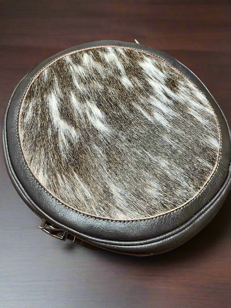 Western Canteen Crossbody Bag — Vintage Distressed Leather Tooled One Side + Hair-on-Hide Other Side (10.5")