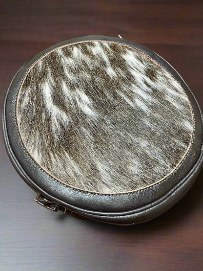 Western Canteen Crossbody Bag — Vintage Distressed Leather Tooled One Side + Hair-on-Hide Other Side (10.5")