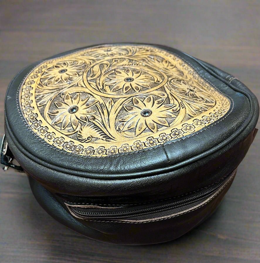 Western Canteen Crossbody Bag — Vintage Distressed Leather Tooled One Side + Hair-on-Hide Other Side (10.5")
