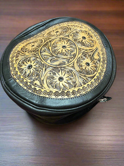 Western Canteen Crossbody Bag — Vintage Distressed Leather Tooled One Side + Hair-on-Hide Other Side (10.5")