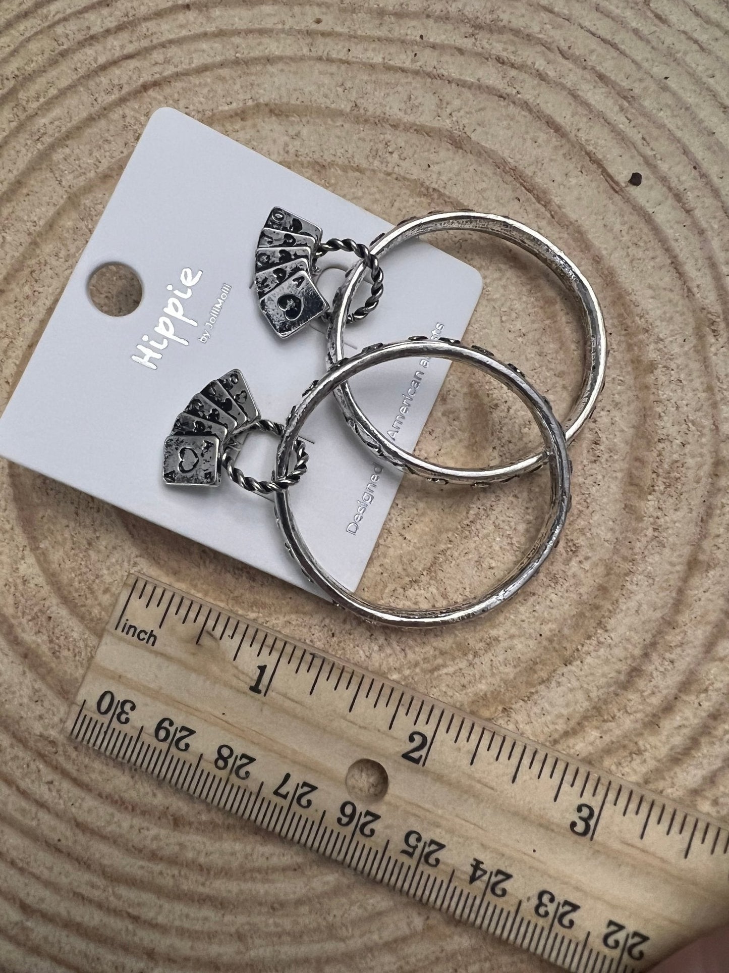 Western Card Theme Hoop Earrings with Playing Card Detail — 2" Drop