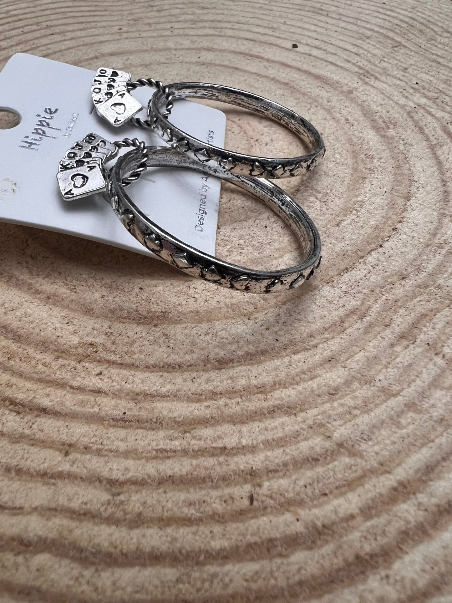 Western Card Theme Hoop Earrings with Playing Card Detail — 2" Drop