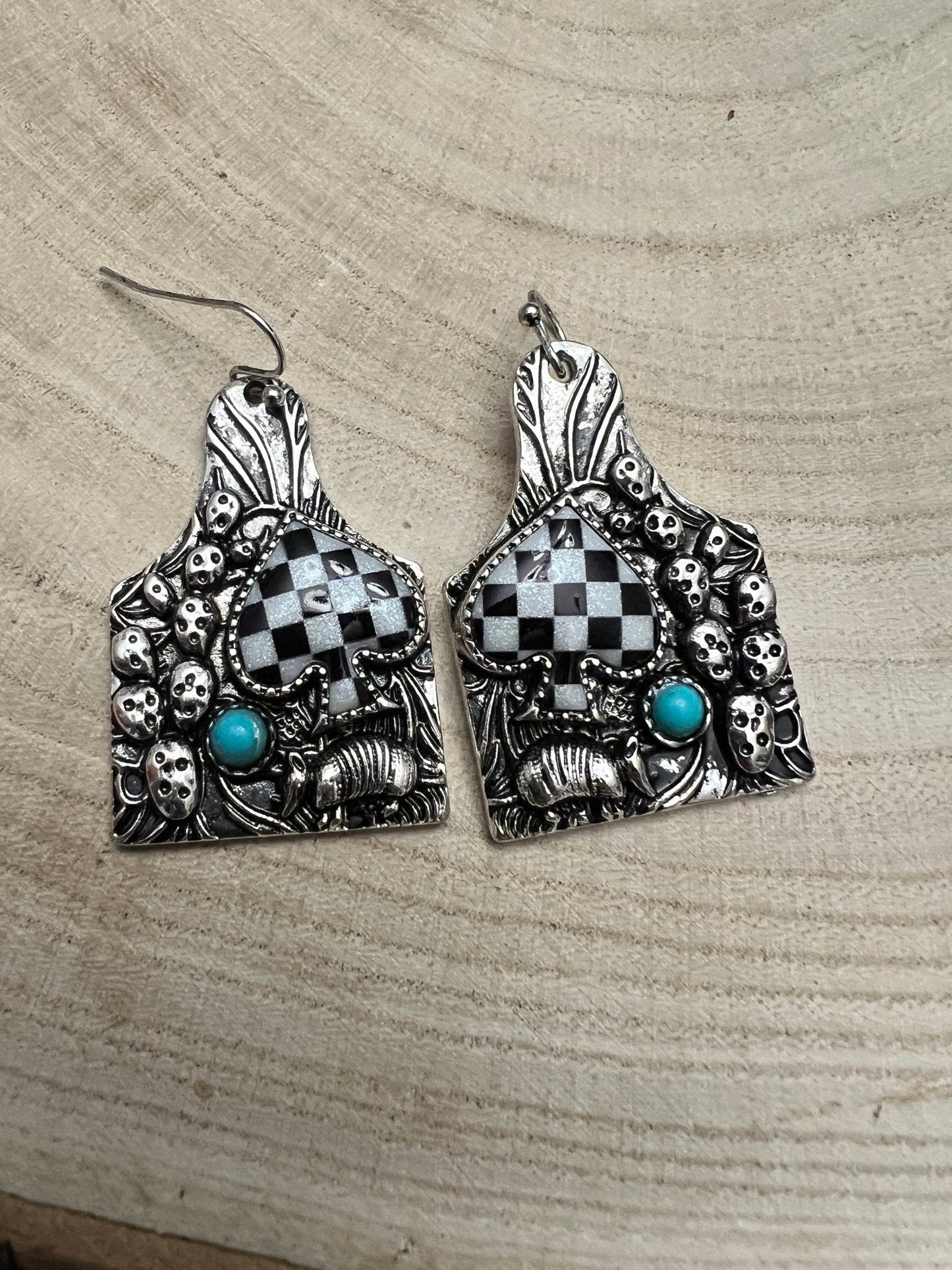 Western Cattle Tag, Armadillo & Spade Earrings with Checker Detail — 1½" Drop