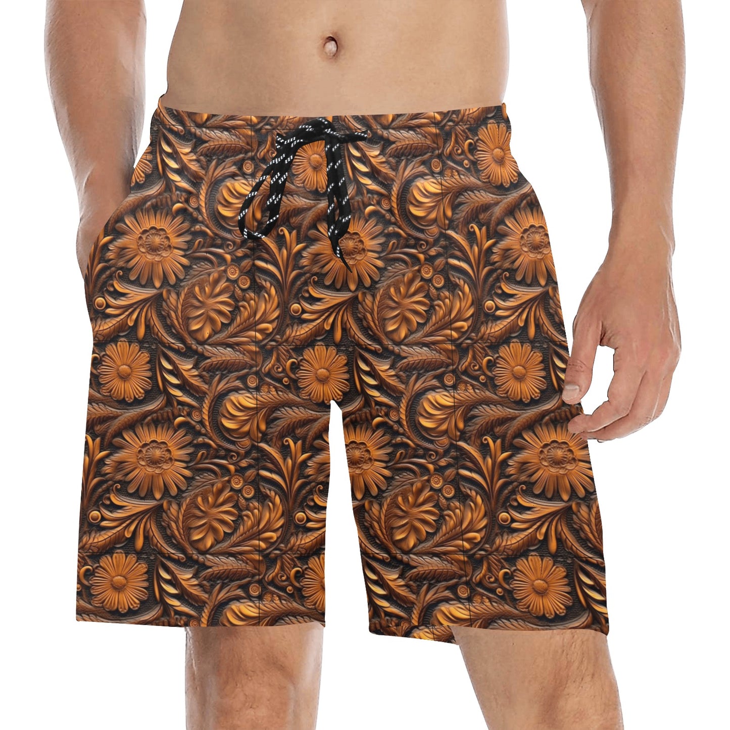 Leather Floral Mid-Length Beach Shorts