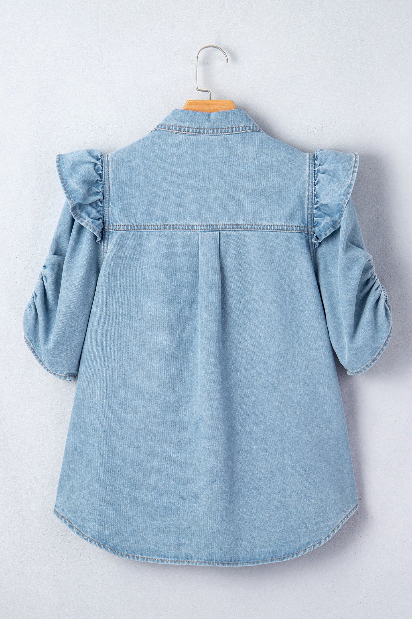 Solid Denim Ruffle Puff Sleeve Buttoned Shirt