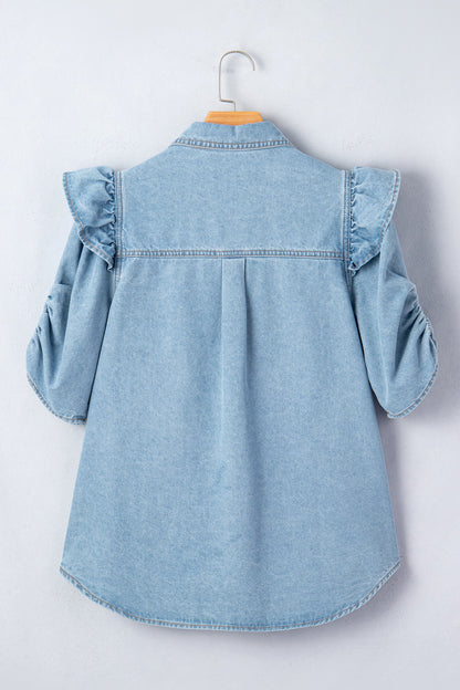 Solid Denim Ruffle Puff Sleeve Buttoned Shirt