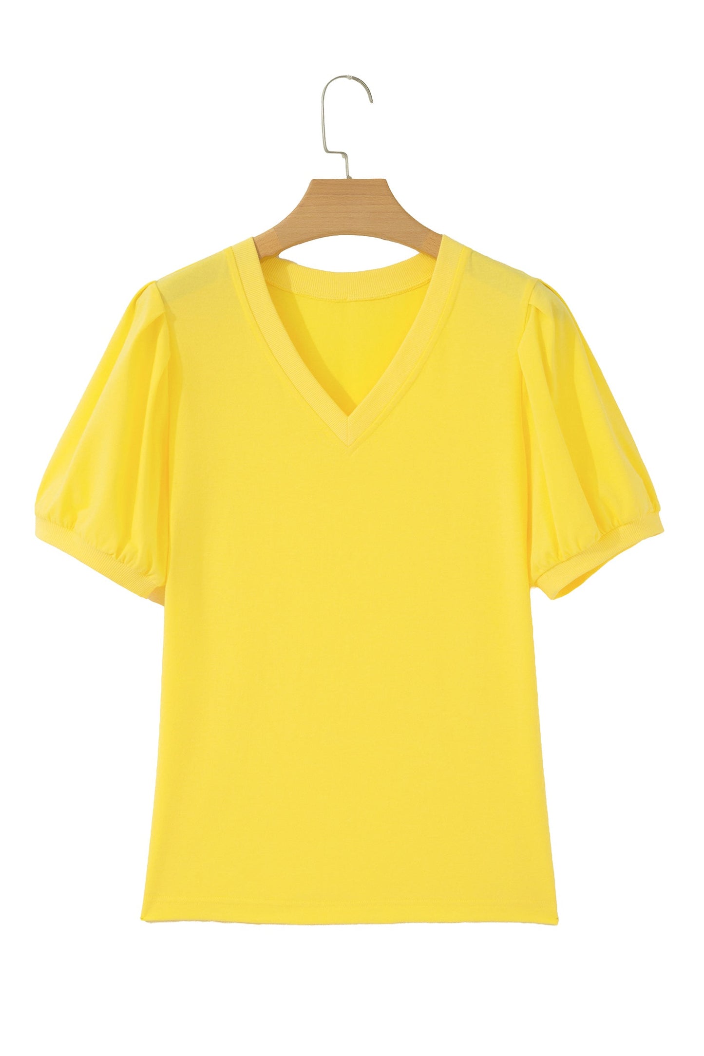 Solid V-Neck Short Puff Sleeve Blouse