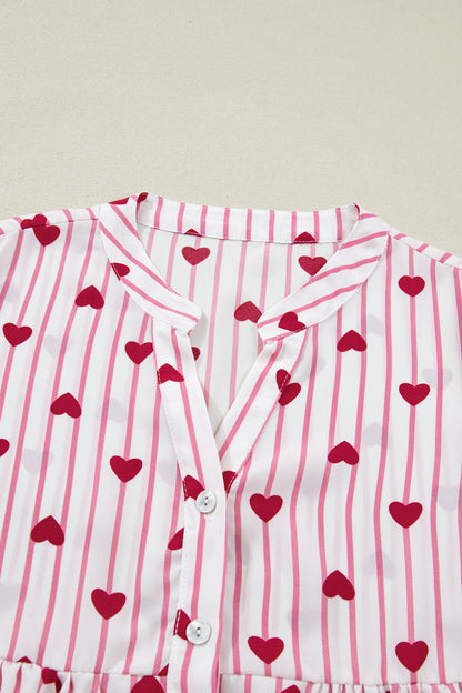 Stripe Textured Heart Flounce Sleeve Shirt