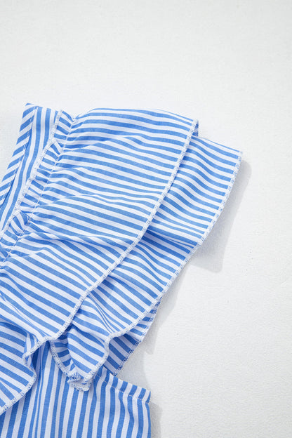 Stripe Bow Square Neck Ruffle Sleeve Blouse