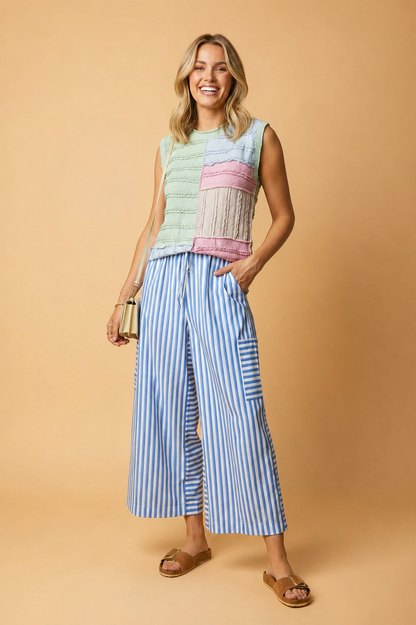 Stripe Drawstring Elastic Waist Wide Leg Pants