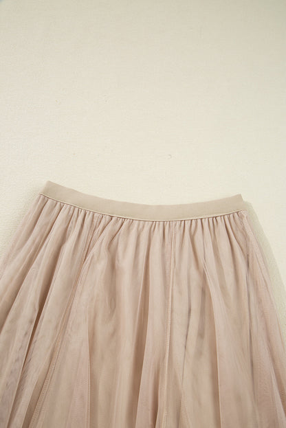 Solid Tulle Mesh Overlay Flared Midi Skirt